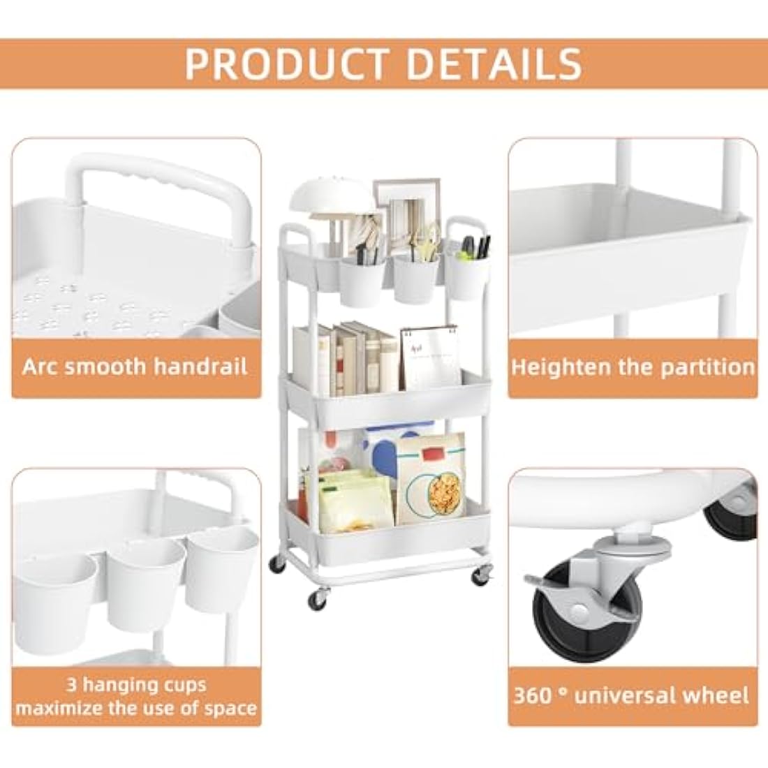 JIUYOTREE 3-Tier Rolling Utility Cart with Handles and Locking Wheels - White
