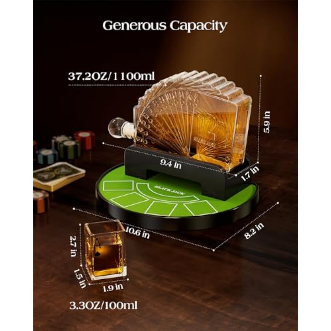 Kollea Blackjack Whiskey Decanter Set | 37.2oz Casino Decanter with 4 Glasses
