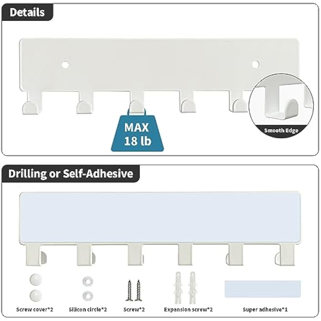 Jolof Store Key Holder for Wall – 6 Metal Hooks Self Adhesive Rack, White