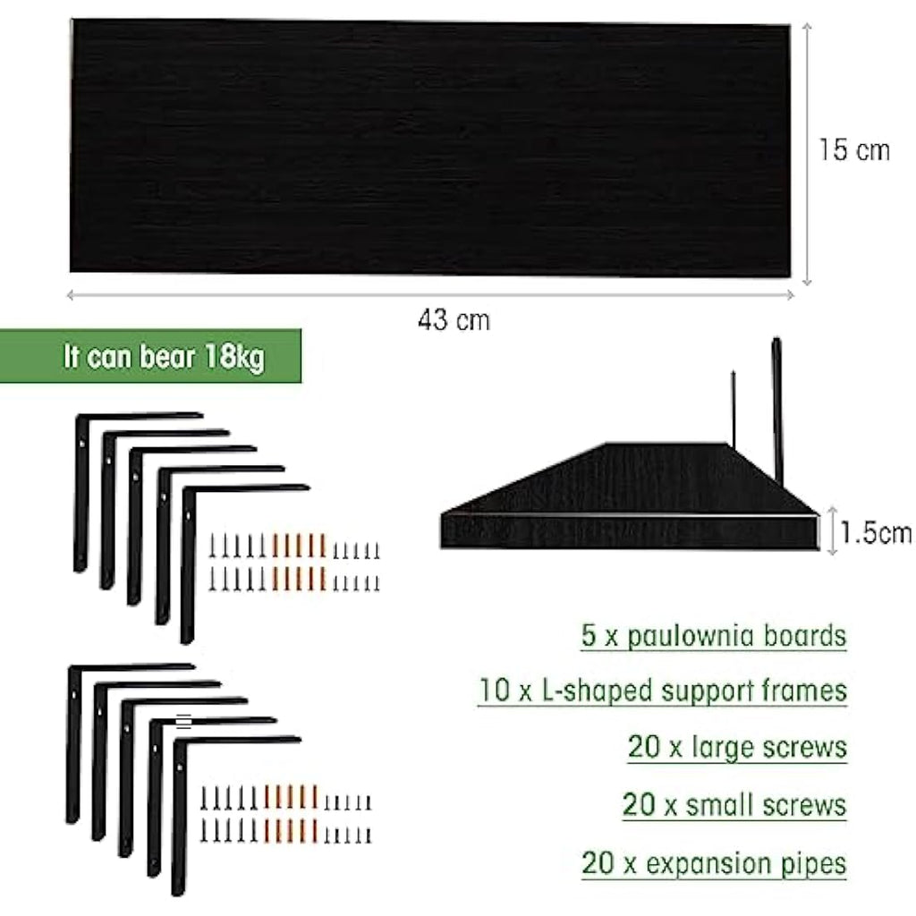 Mardili Rustic Wood Floating Shelves – Set of 5 Wall Mounted Shelves, Black