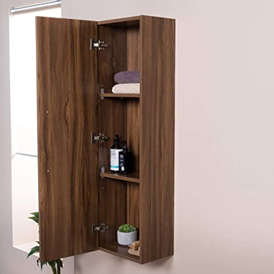NRG Walnut 1200mm Wall Hung Tall Bathroom Storage Cabinet | Soft Close
