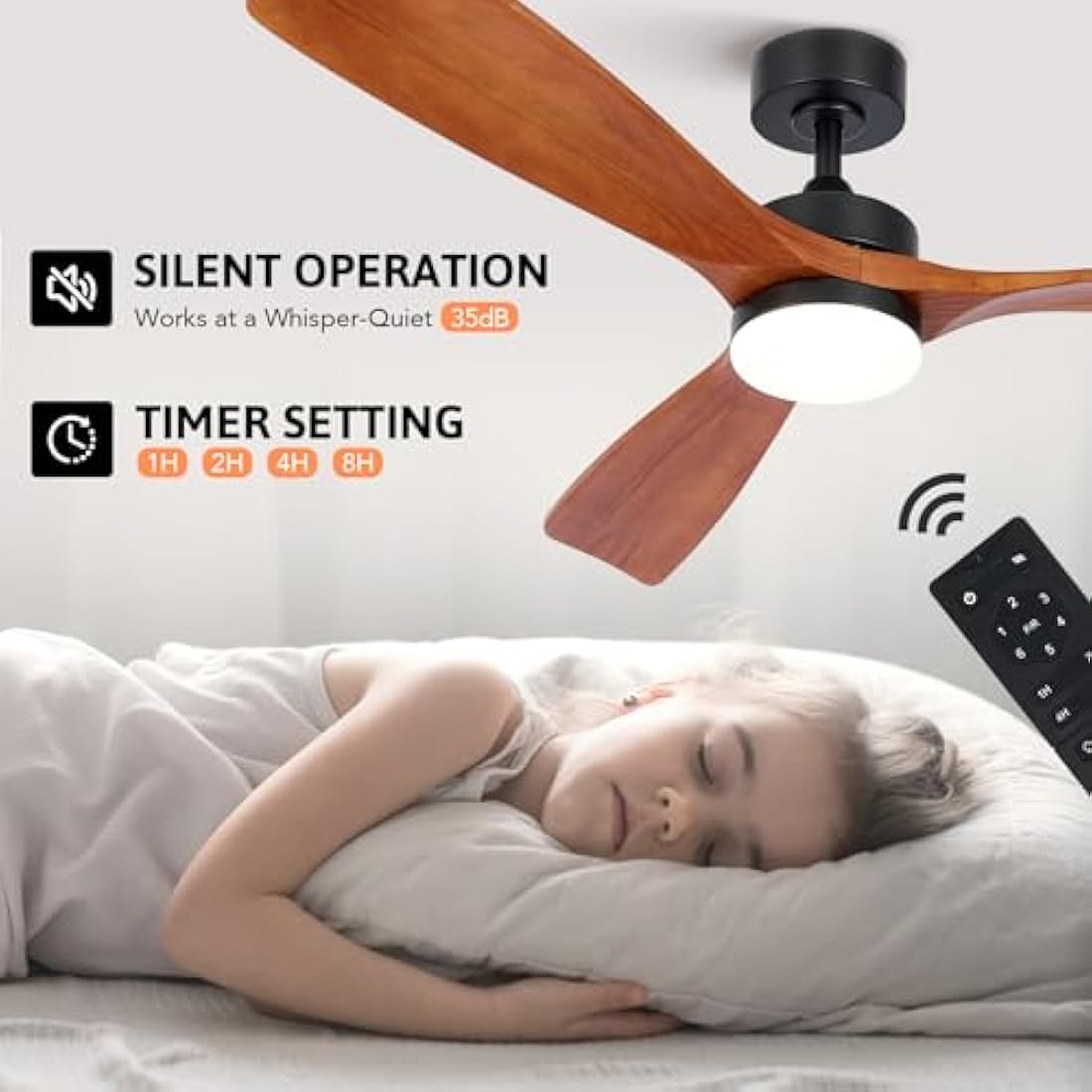 Vonluce 52" Wood Ceiling Fan with Light | Quiet DC Motor & Remote, Walnut