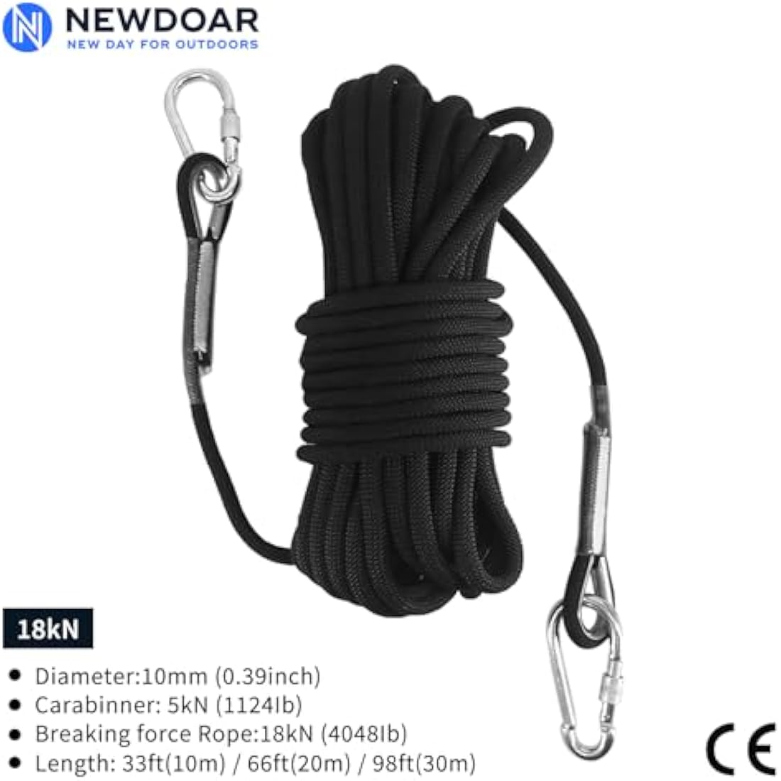 NewDoar 10mm Static Climbing Rope – 18KN Safety Cord with 2 Carabiners