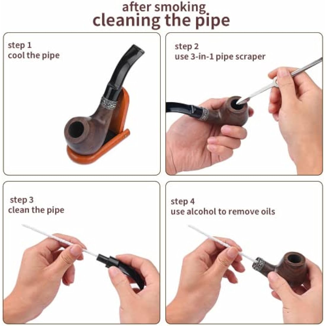 Joyoldelf Ebony Tobacco Smoking Pipe Set with Stand and 9mm Filters