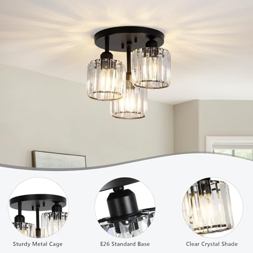 Rayofly Modern 3-Light Crystal Chandelier | Black Semi Flush Ceiling Light