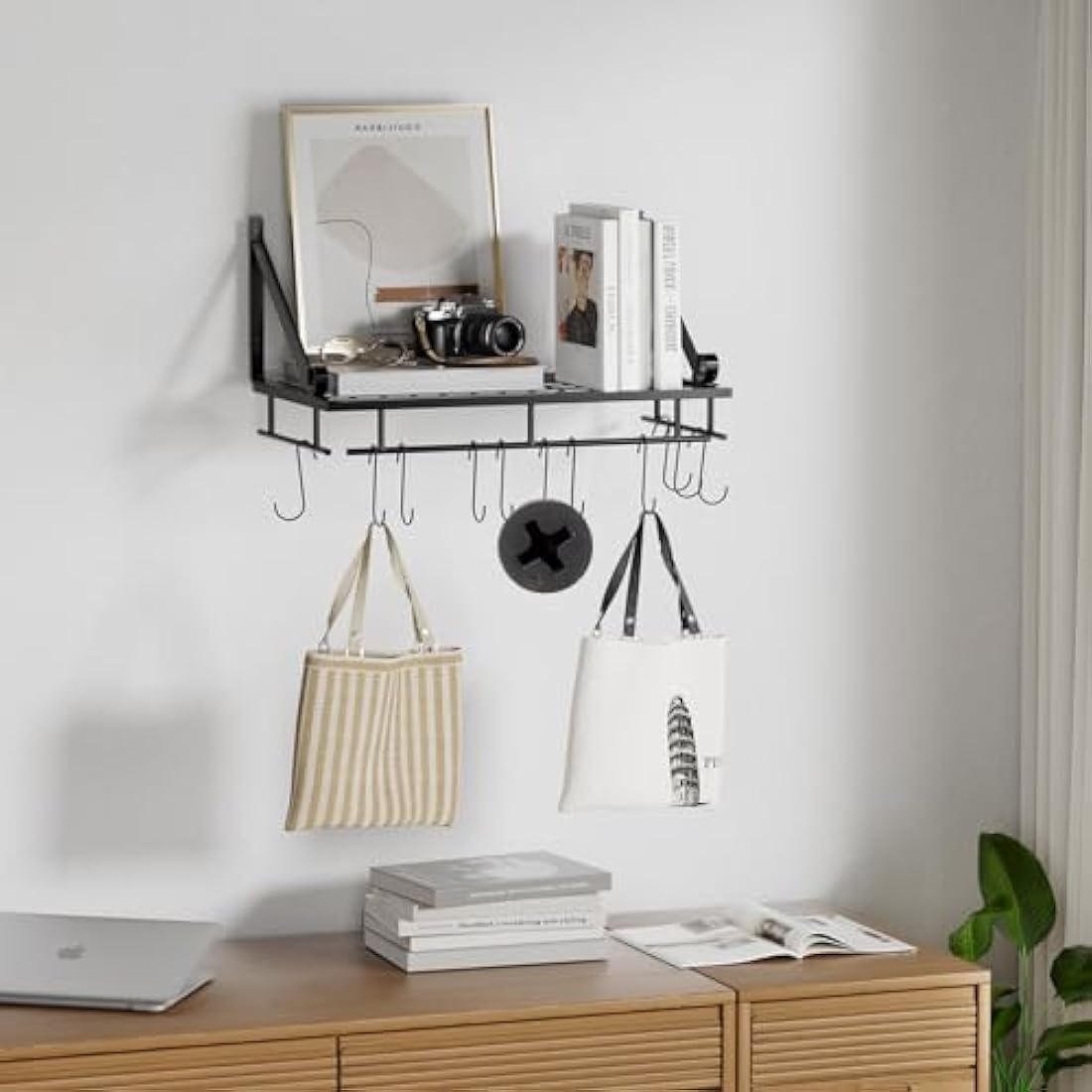 Wall Mounted Pot Rack – Iron Kitchen Shelf with 10 Hooks