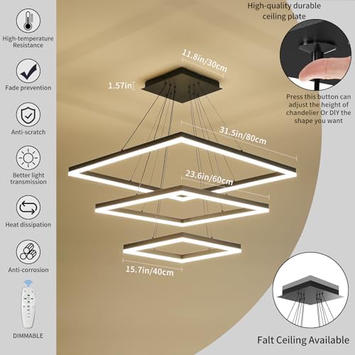 Modern 3-Ring Square LED Chandelier | Dimmable Black Pendant