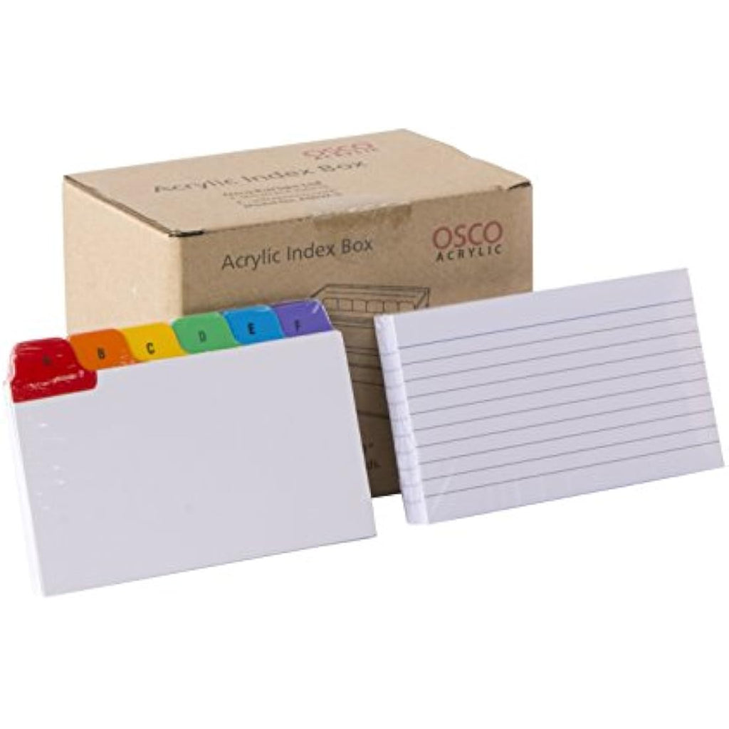 OSCO Clear Acrylic Index Box with A-Z Dividers and 100 Lined Cards