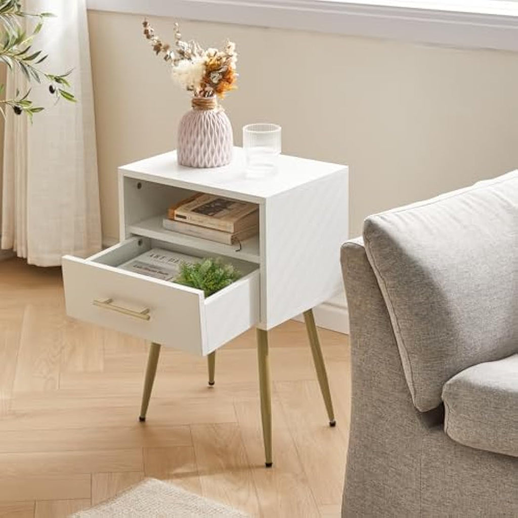 IBUYKE Mid-Century Modern Nightstand | 2-Tier White Bedside Table