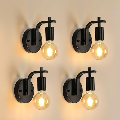 DELIPOP Industrial Wall Lights – 4 Pack Black Metal Vintage Sconces