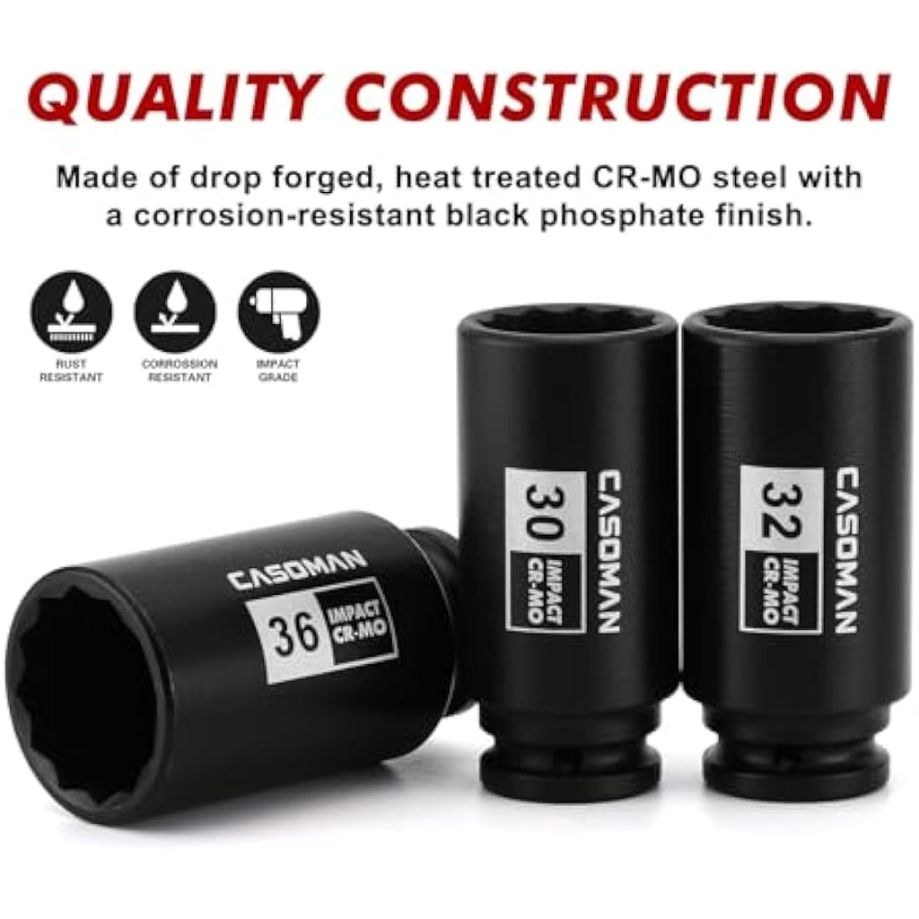 CASOMAN 4pc 1/2" Drive Deep Spindle Axle Nut Impact Socket Set, 12-Point