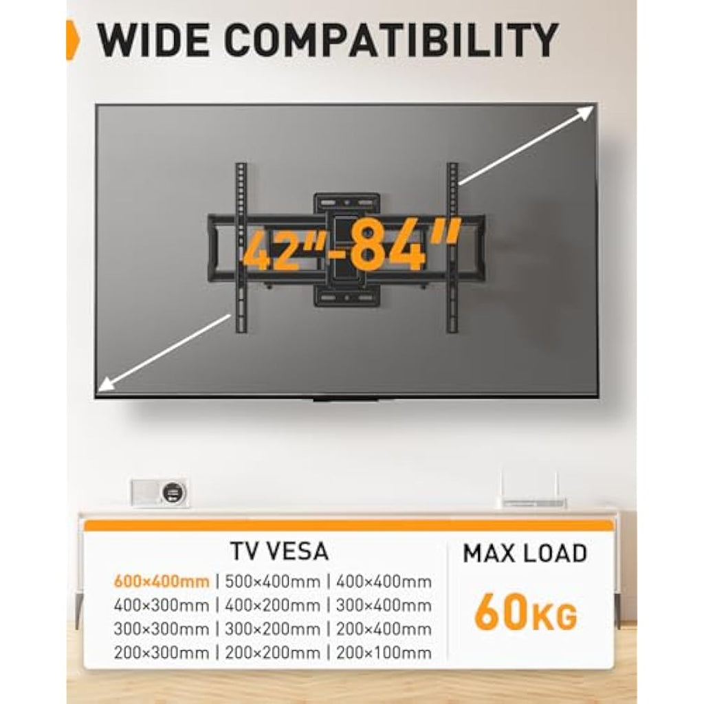 Perlegear Full Motion TV Wall Mount for 42-84 Inch TVs, Dual Swivel Arms