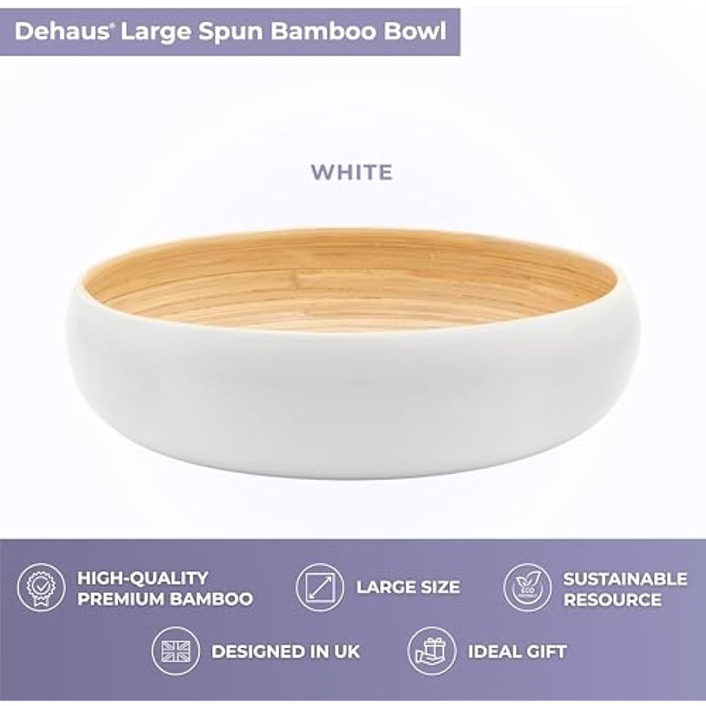 Dehaus Large Bamboo Fruit Bowl – 30cm White Wooden Salad Serving Bowl
