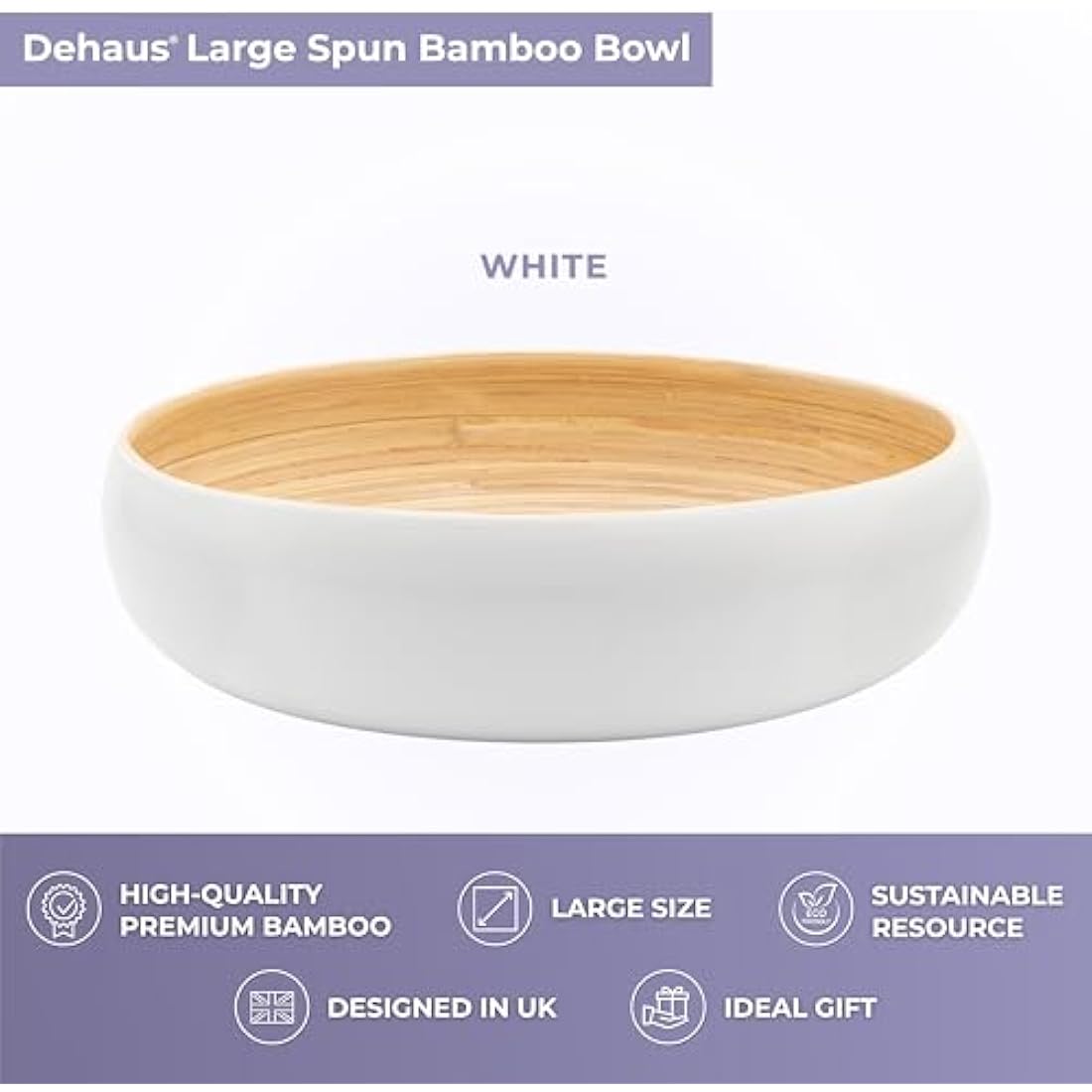 Dehaus Large Bamboo Fruit Bowl – 30cm White Wooden Salad Serving Bowl