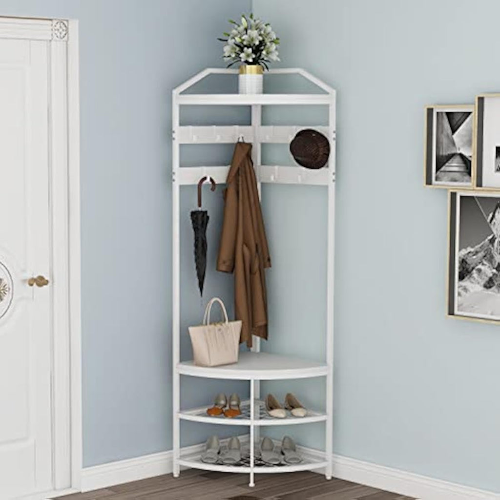 VEDECASA Corner Coat Rack with Shoe Bench | 4-Tier Hallway Organizer