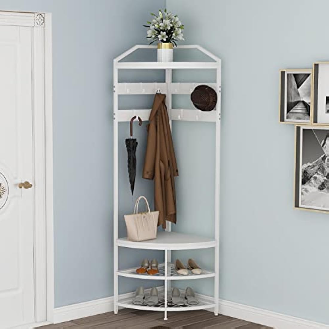 VEDECASA Corner Coat Rack with Shoe Bench | 4-Tier Hallway Organizer