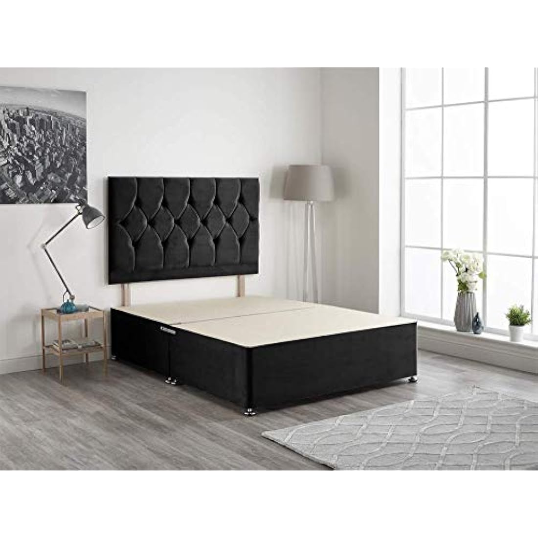 Black Plush Velvet Divan Bed Base with Headboard - 5ft King