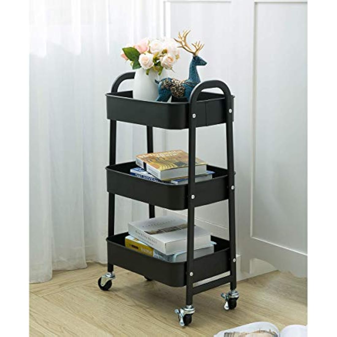 Jolof Store 3-Tier Metal Rolling Utility Cart - Slim Storage Trolley, Black