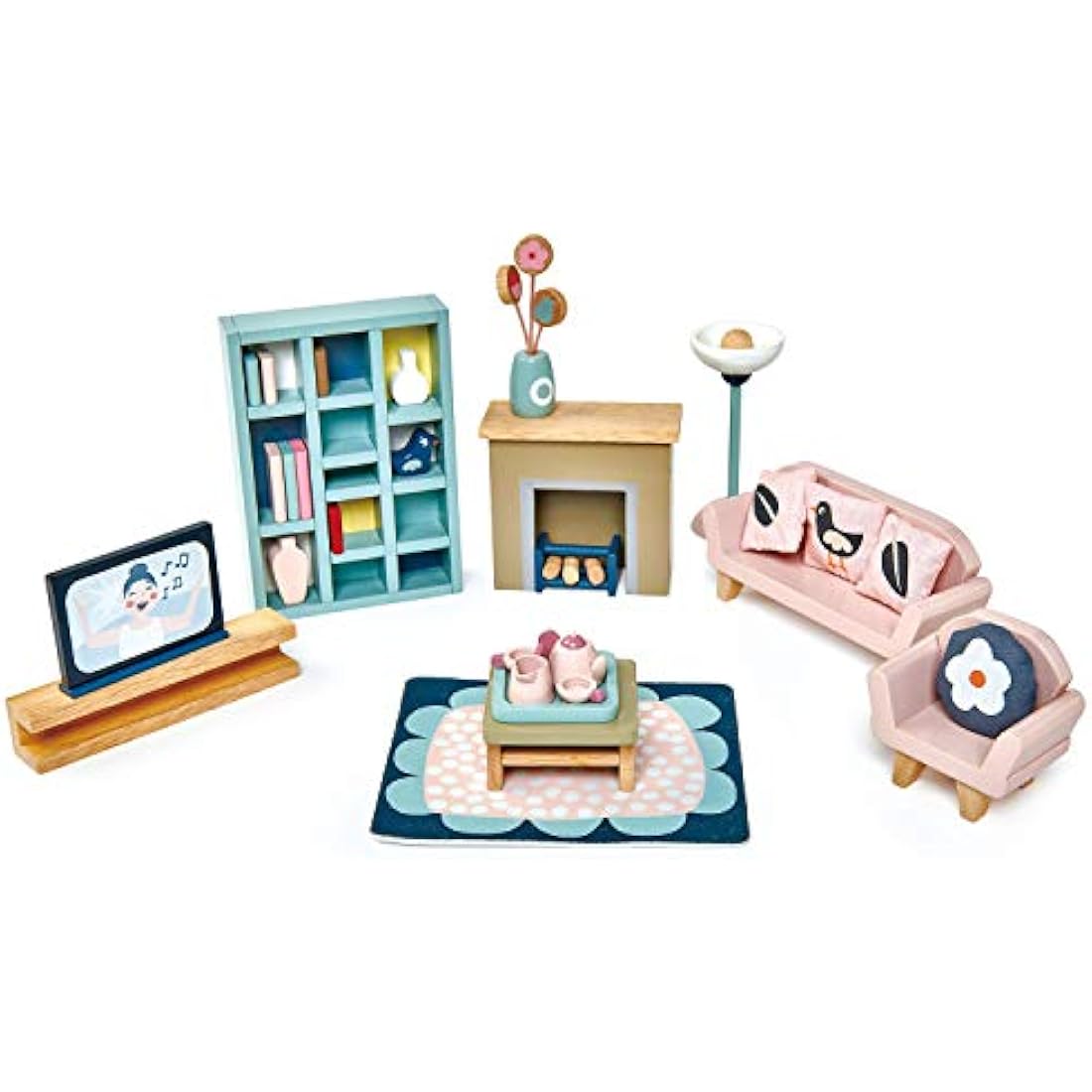 Tender Leaf Toys Wooden Dolls House Sitting Room Furniture Set - 33 Pieces
