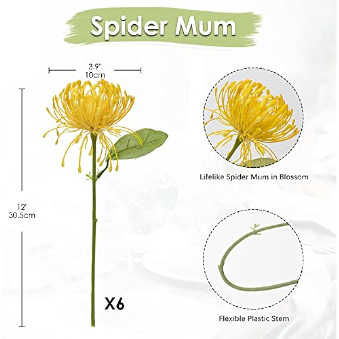 Briful 6 PCS Yellow Artificial Spider Mum Chrysanthemum Flowers - 12"