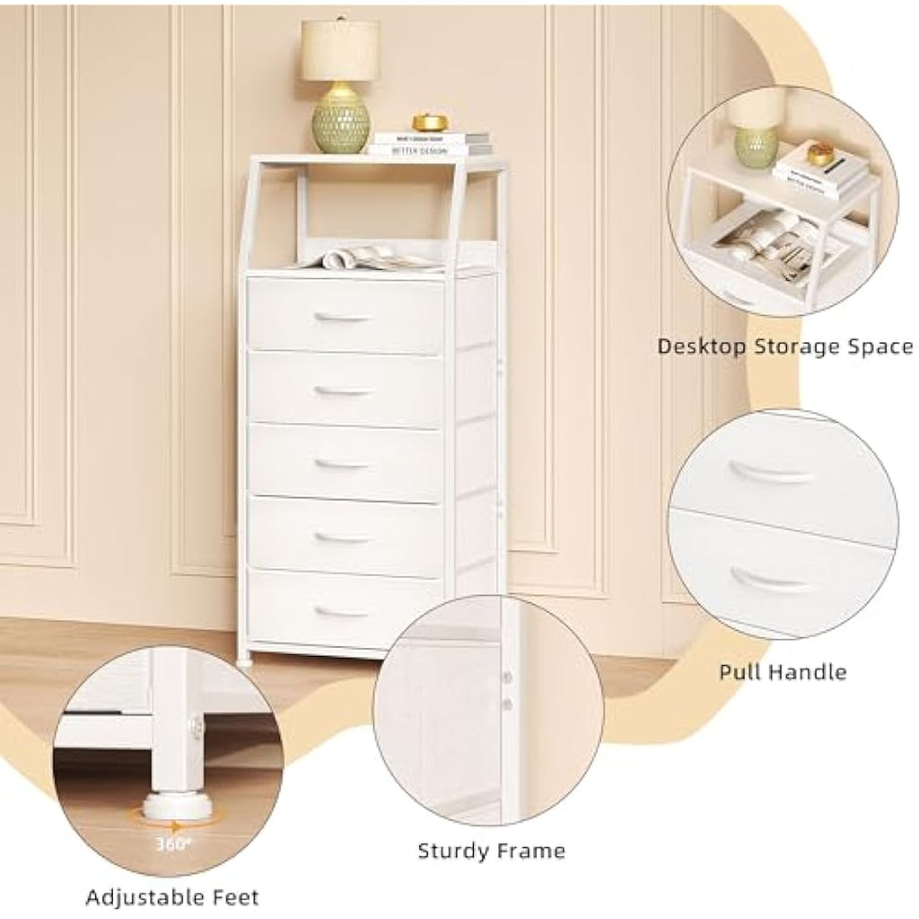5-Drawer Fabric Dresser – Tall White Chest of Drawers