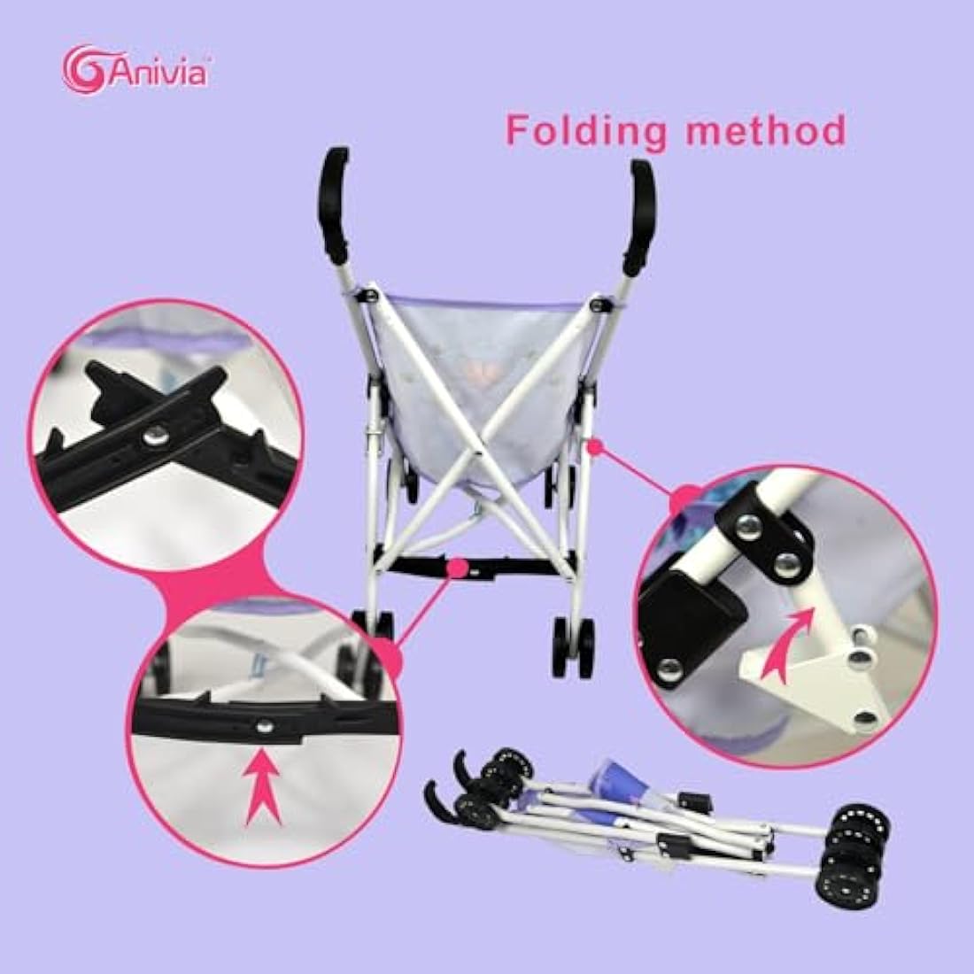 Anivia Foldable Doll Stroller – Pink Heart Design Toy for Toddlers