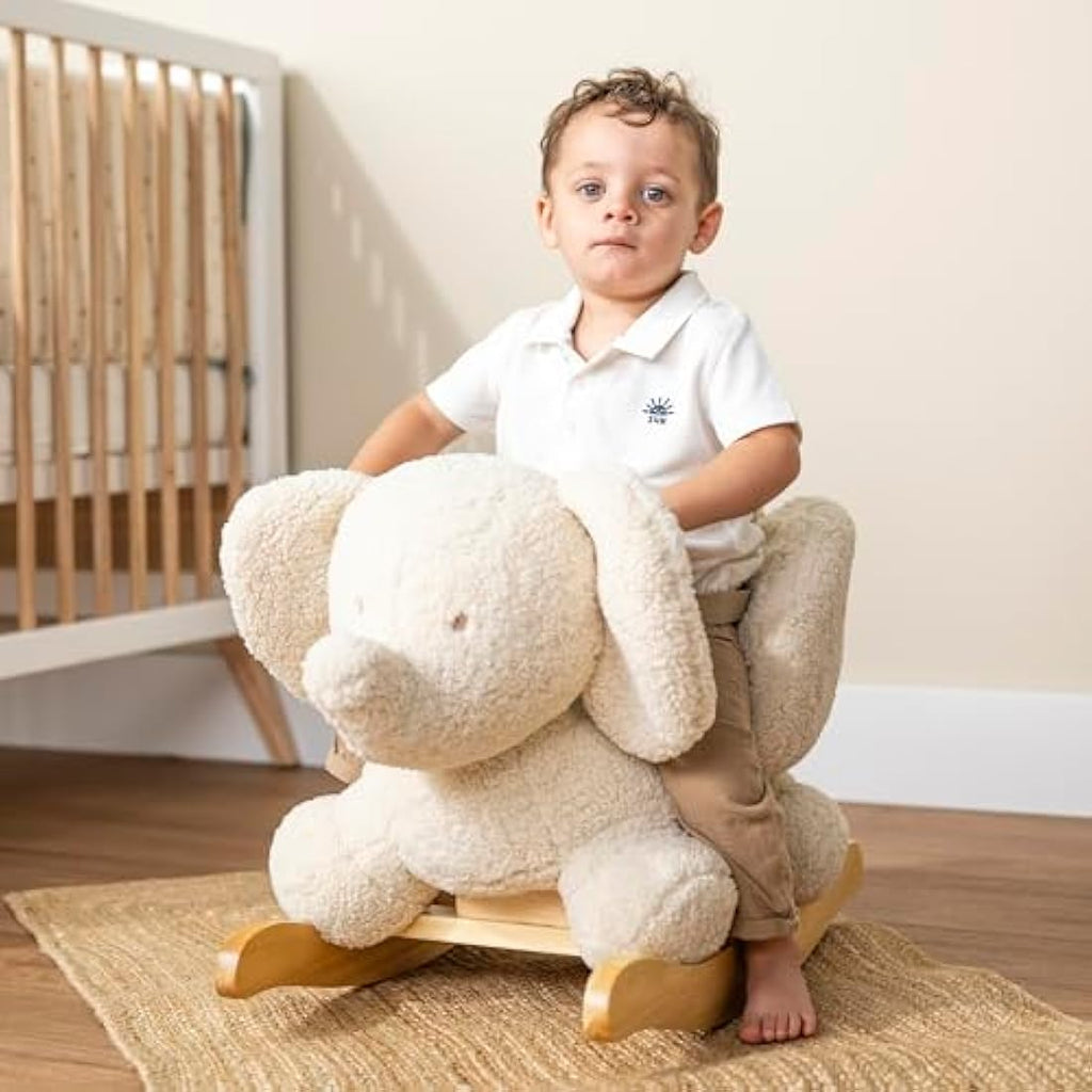Nattou Ecru Elephant Wooden Rocker | Padded Vegan Teddy Fabric Seat