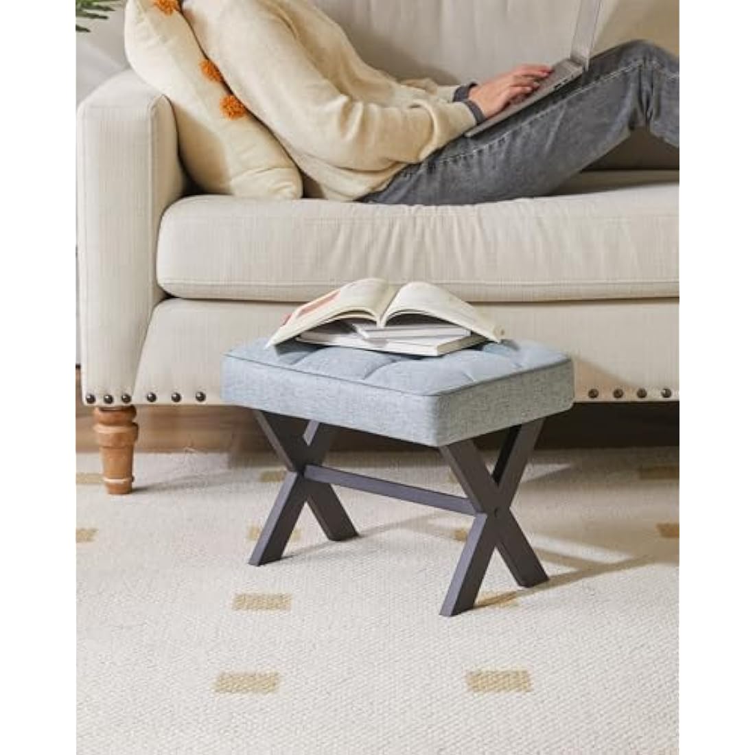 IBUYKE Small Square Linen Footrest Stool | Modern Metal X-Leg Vanity Seat