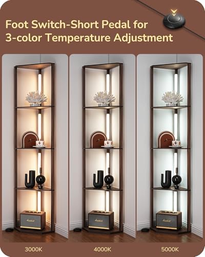 EDISHINE LED Floor Lamp with 4-Tier Shelves | Dimmable Walnut Wood Lamp