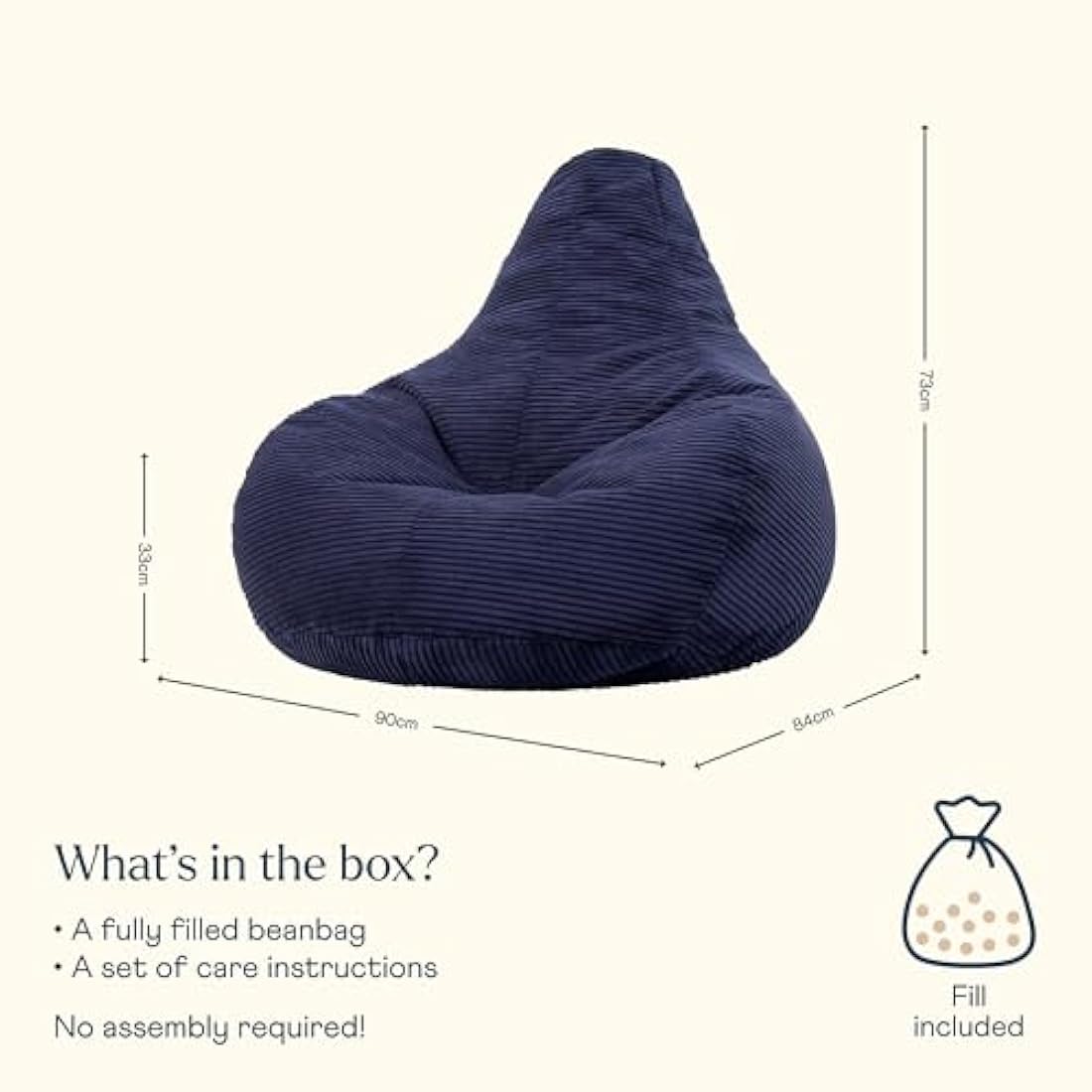 Icon Dalton Corduroy Recliner Bean Bag Chair - Navy Blue - Large Adult