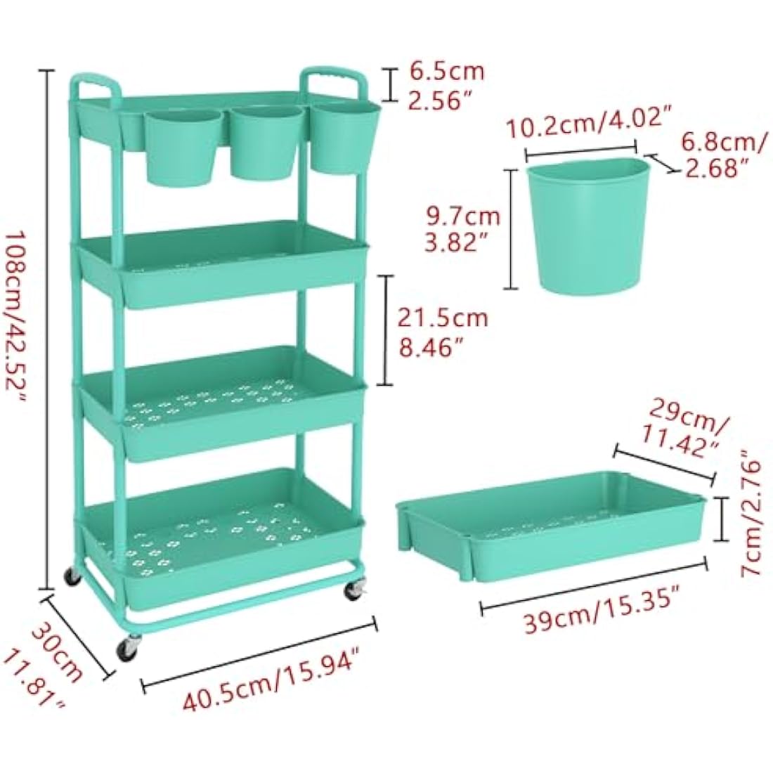 JIUYOTREE 4-Tier Rolling Utility Cart with Hanging Cups & Wheels - Green