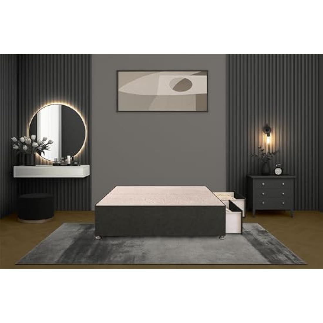 Grey Linen Divan Base – 3FT Single Bed with 2 Drawers