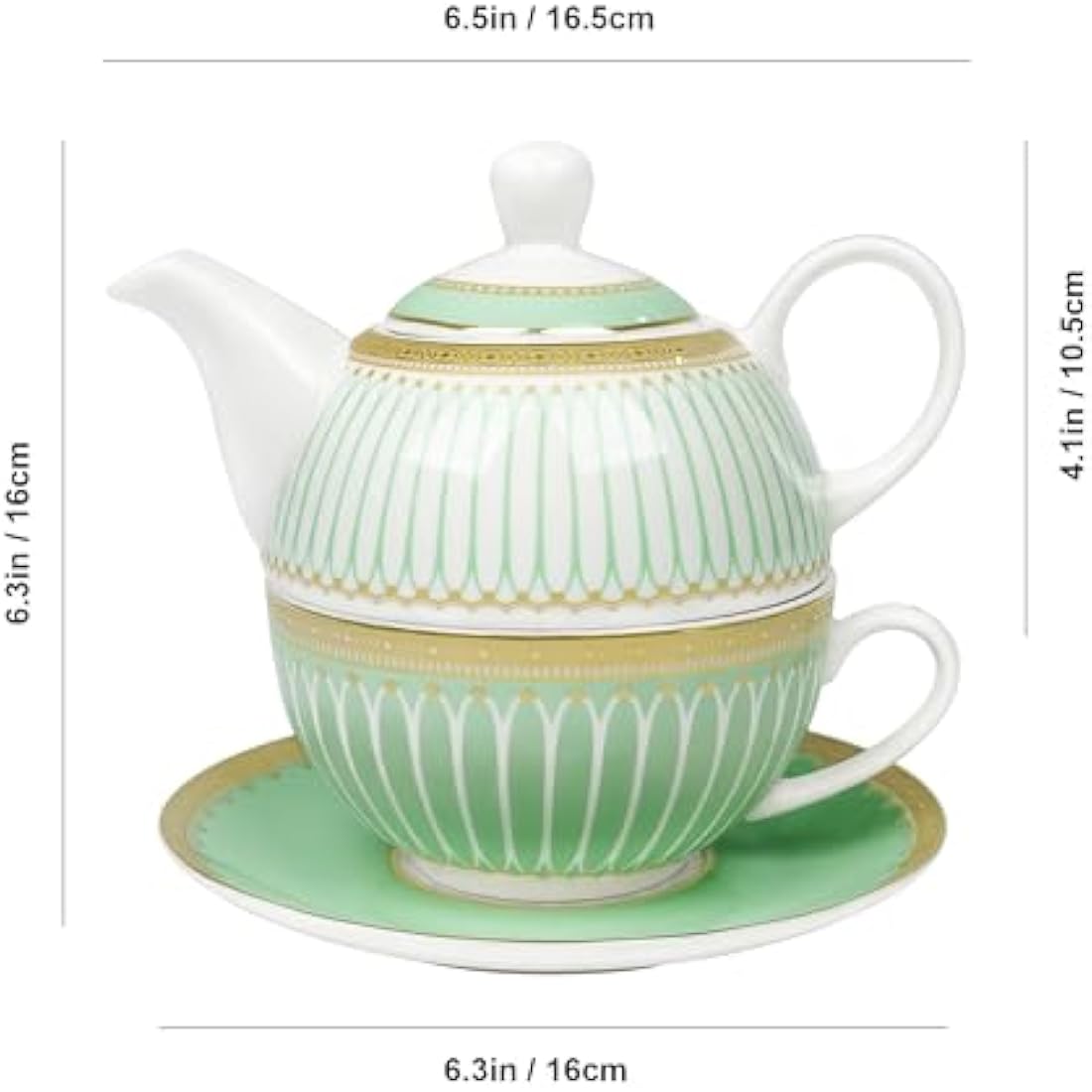 fanquare Porcelain Tea for One Set | Green Striped Teapot and Cup