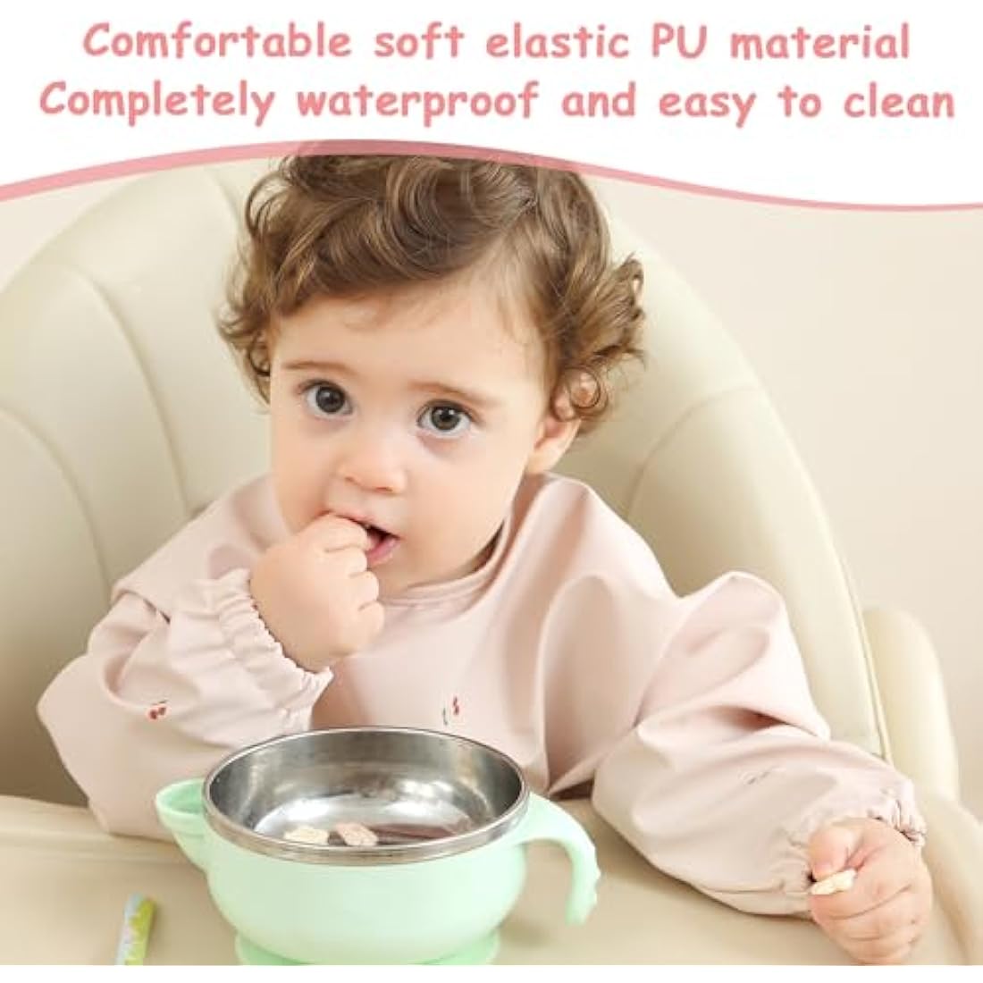PewinGo Long Sleeve Weaning Bib – Waterproof PU Baby Coverall (Pink)