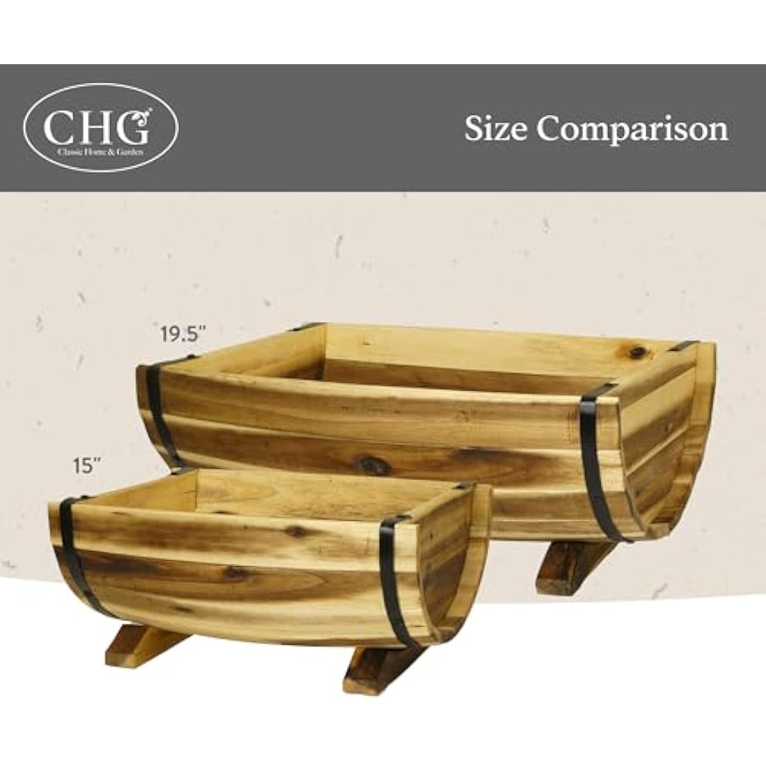 Acacia Wood Barrel Planters with Metal Bands – 2 Pack