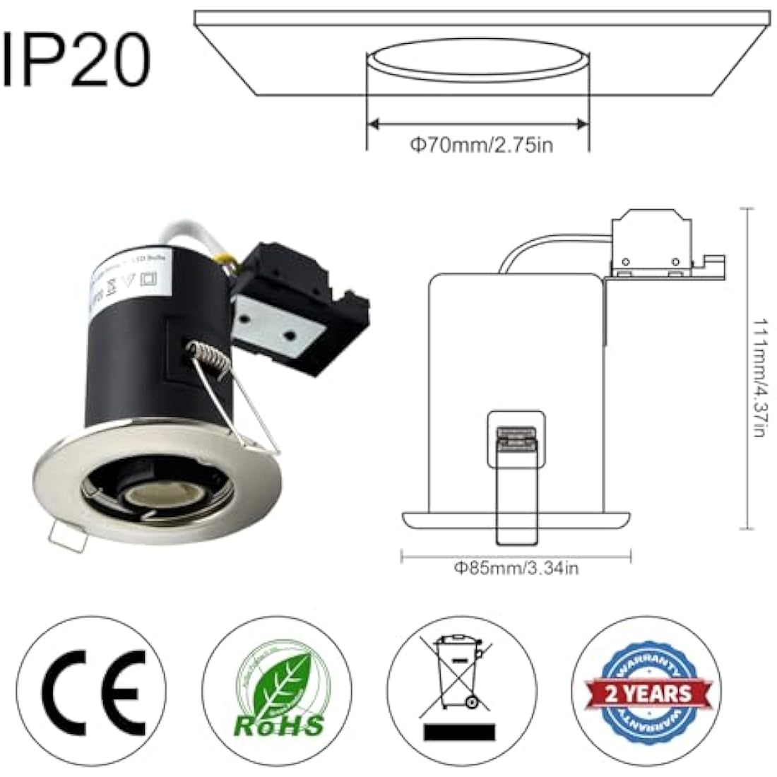 HiBay Fire Rated GU10 Recessed Downlights - Brushed Chrome Spotlights 4-Pack