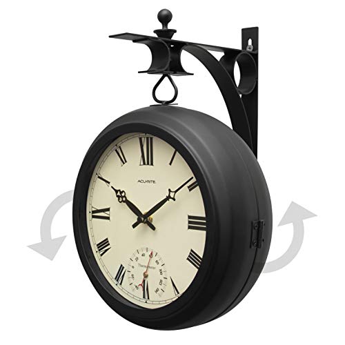 AcuRite Double-Sided Outdoor Wall Clock with Thermometer – Black Iron