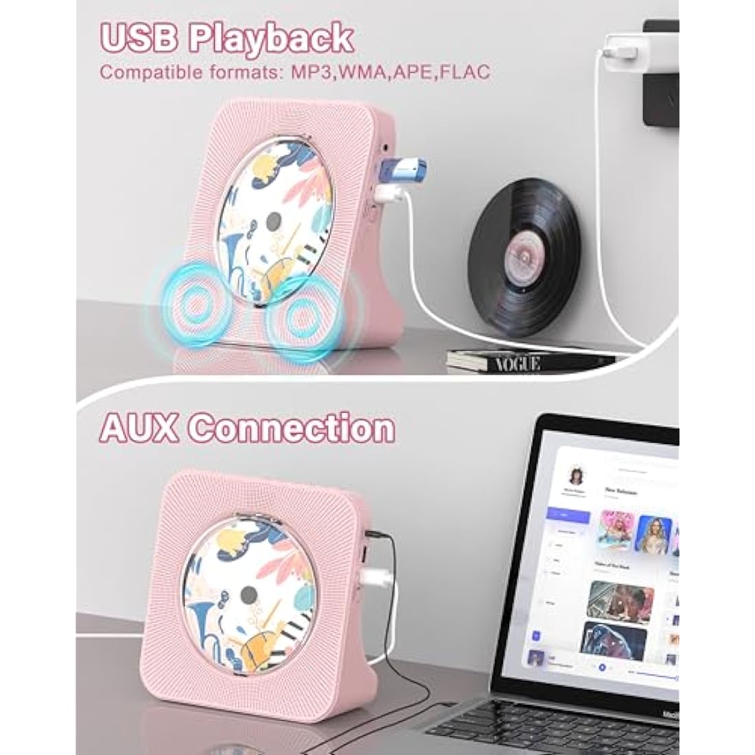 Greadio Portable Desktop CD Player with Bluetooth 5.0 & HiFi Speakers – Pink