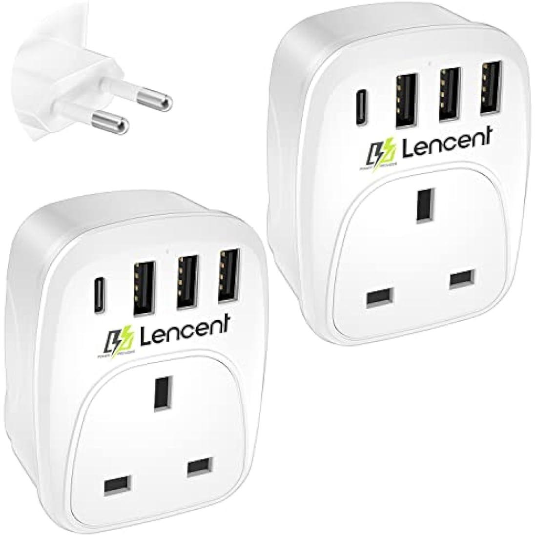 LENCENT UK to EU Travel Adapter – 2 Pack with 4 USB Ports (Type C)