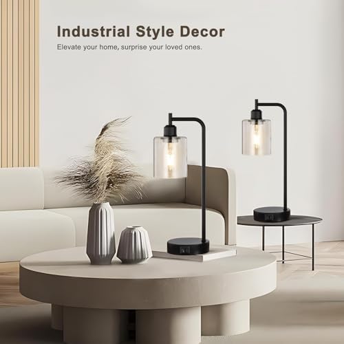 Aooshine Industrial Bedside Lamps Set of 2 – Touch Dimmable with USB-C