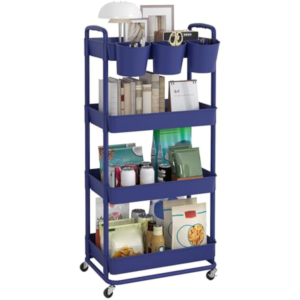 JIUYOTREE 4-Tier Rolling Utility Cart with Hanging Cups and Wheels - Blue