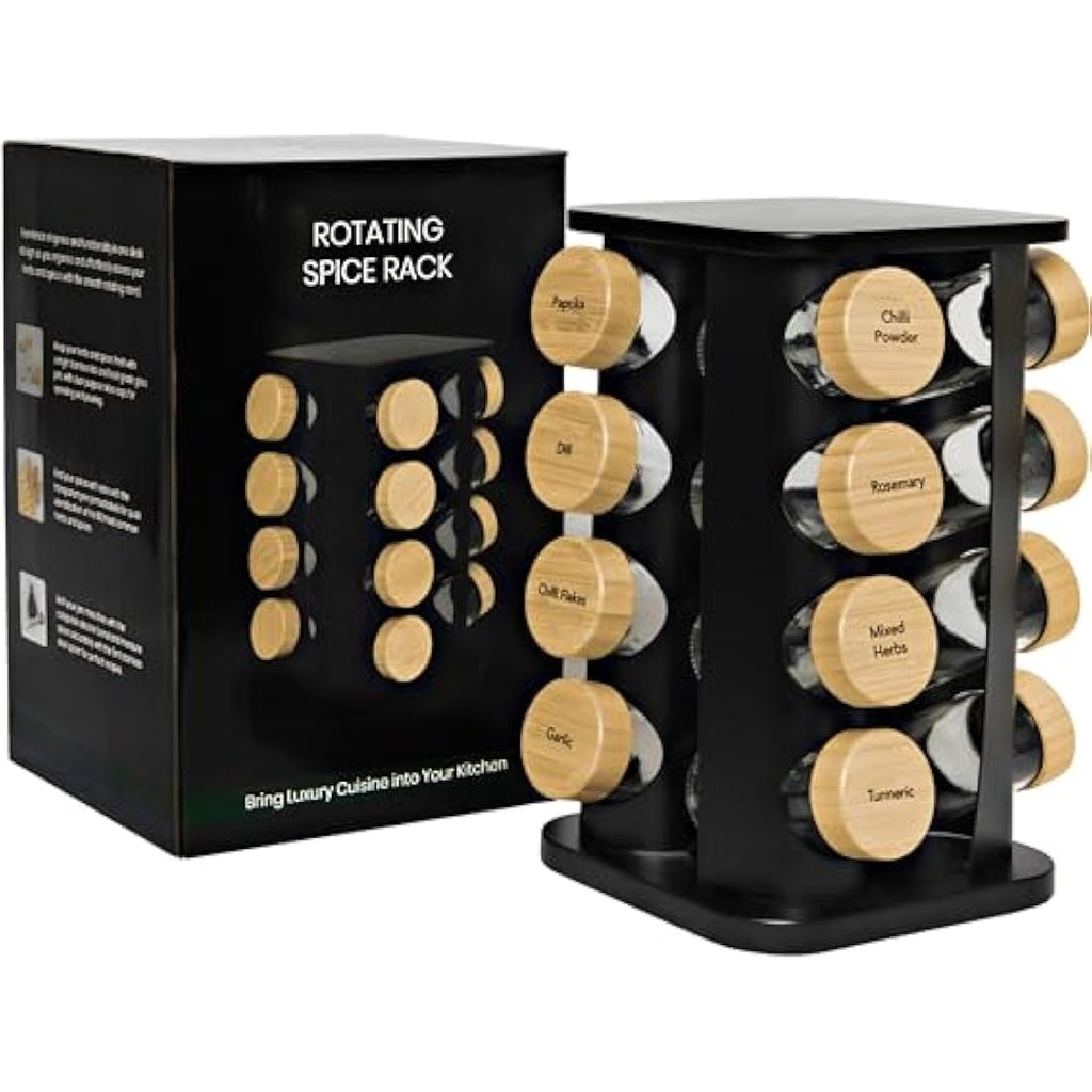 Rotating Spice Rack – 16 Glass Jars with Bamboo Lids