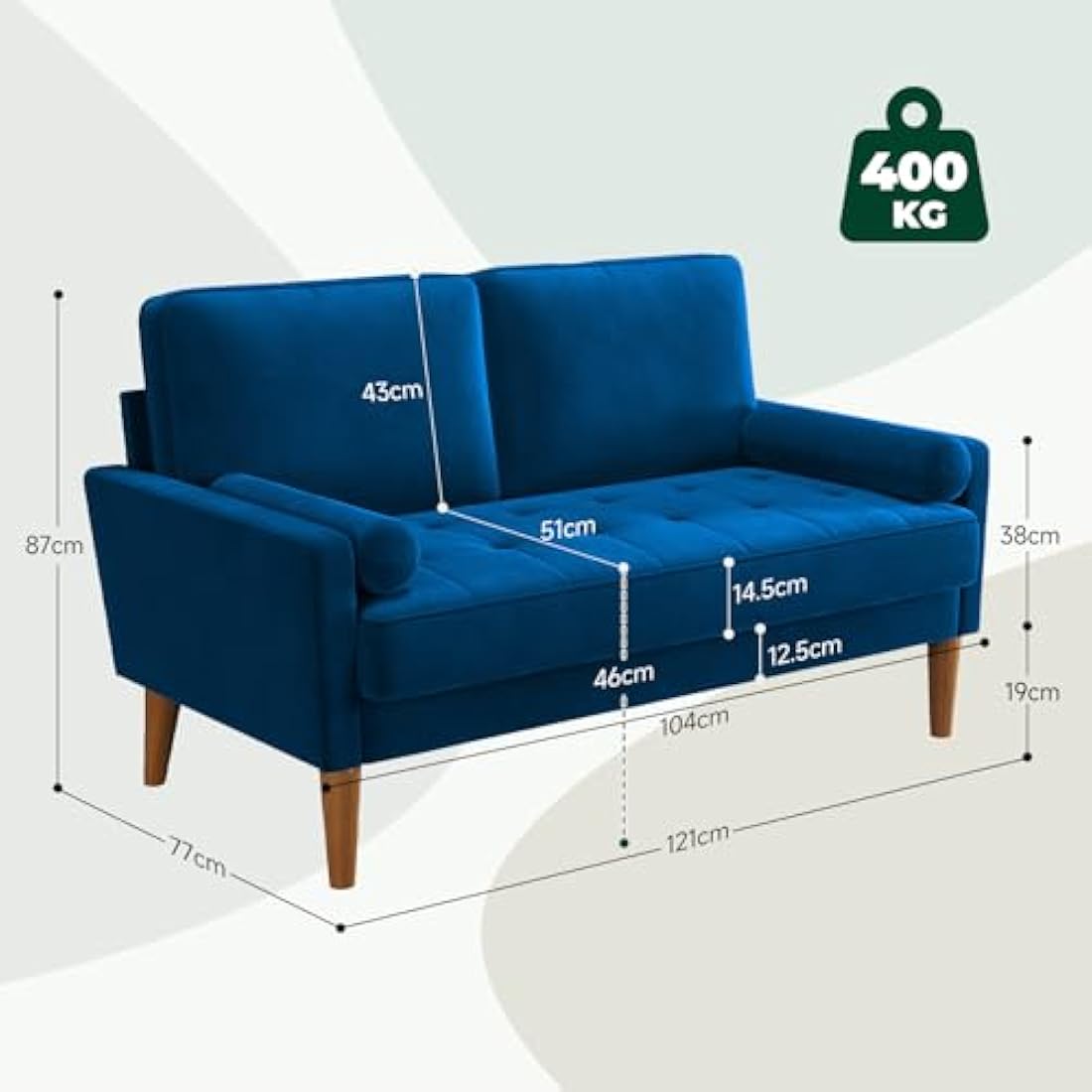 Vesgantti 2 Seater Blue Velvet Sofa – Modern Loveseat with Wood Legs