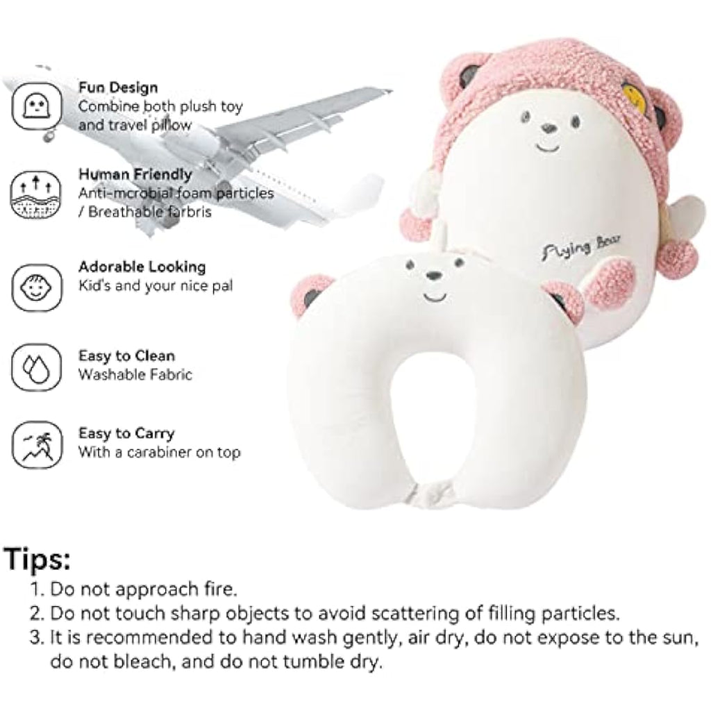 JOYRAVO Kids 2-in-1 Convertible Travel Neck Pillow – Pink Bear Plush