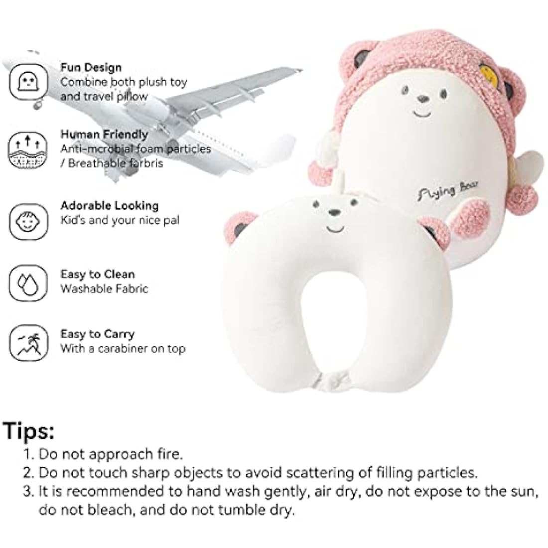 JOYRAVO Kids 2-in-1 Convertible Travel Neck Pillow – Pink Bear Plush