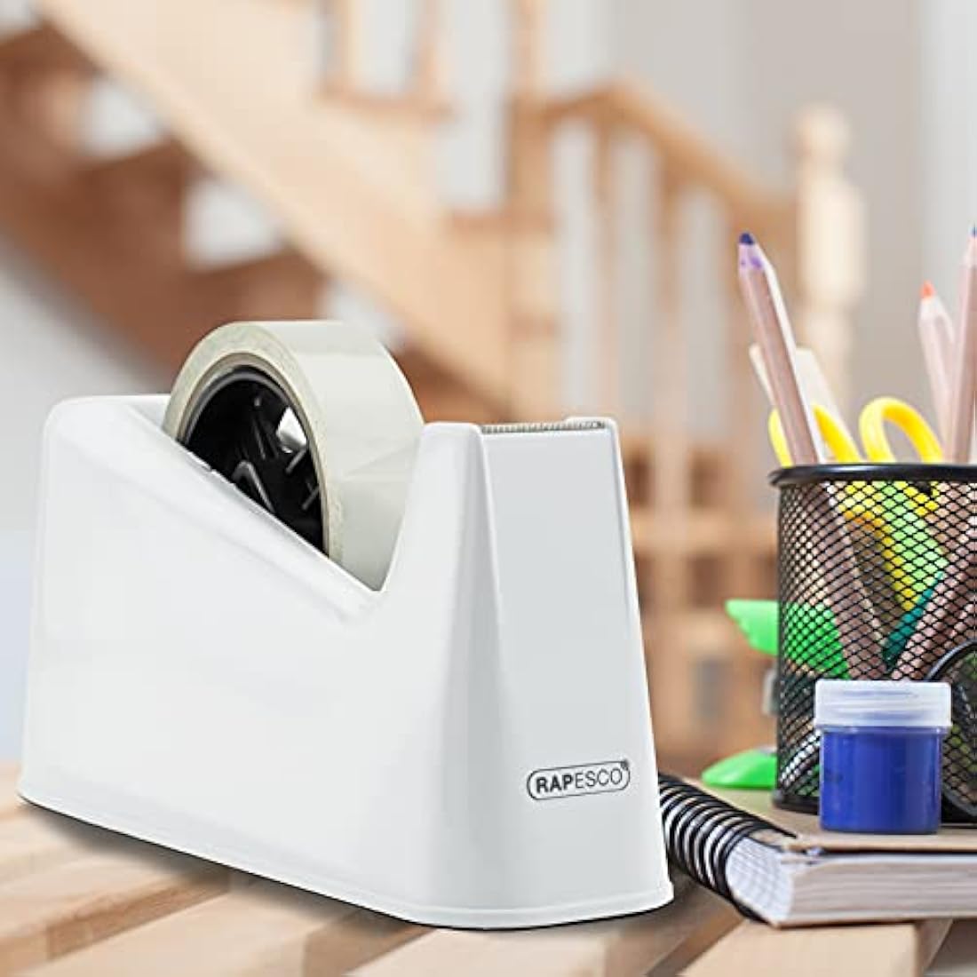 Rapesco 500 Heavy Duty Desktop Tape Dispenser with 2 Rolls | White