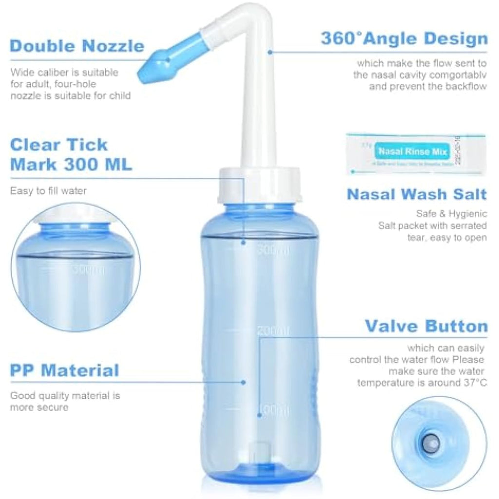 URAQT Neti Pot Nasal Rinse Kit – 300ml Sinus Irrigation with 40 Salt Packs