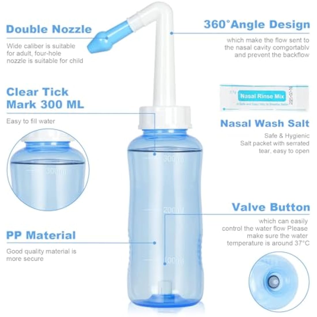 URAQT Neti Pot Nasal Rinse Kit – 300ml Sinus Irrigation with 40 Salt Packs