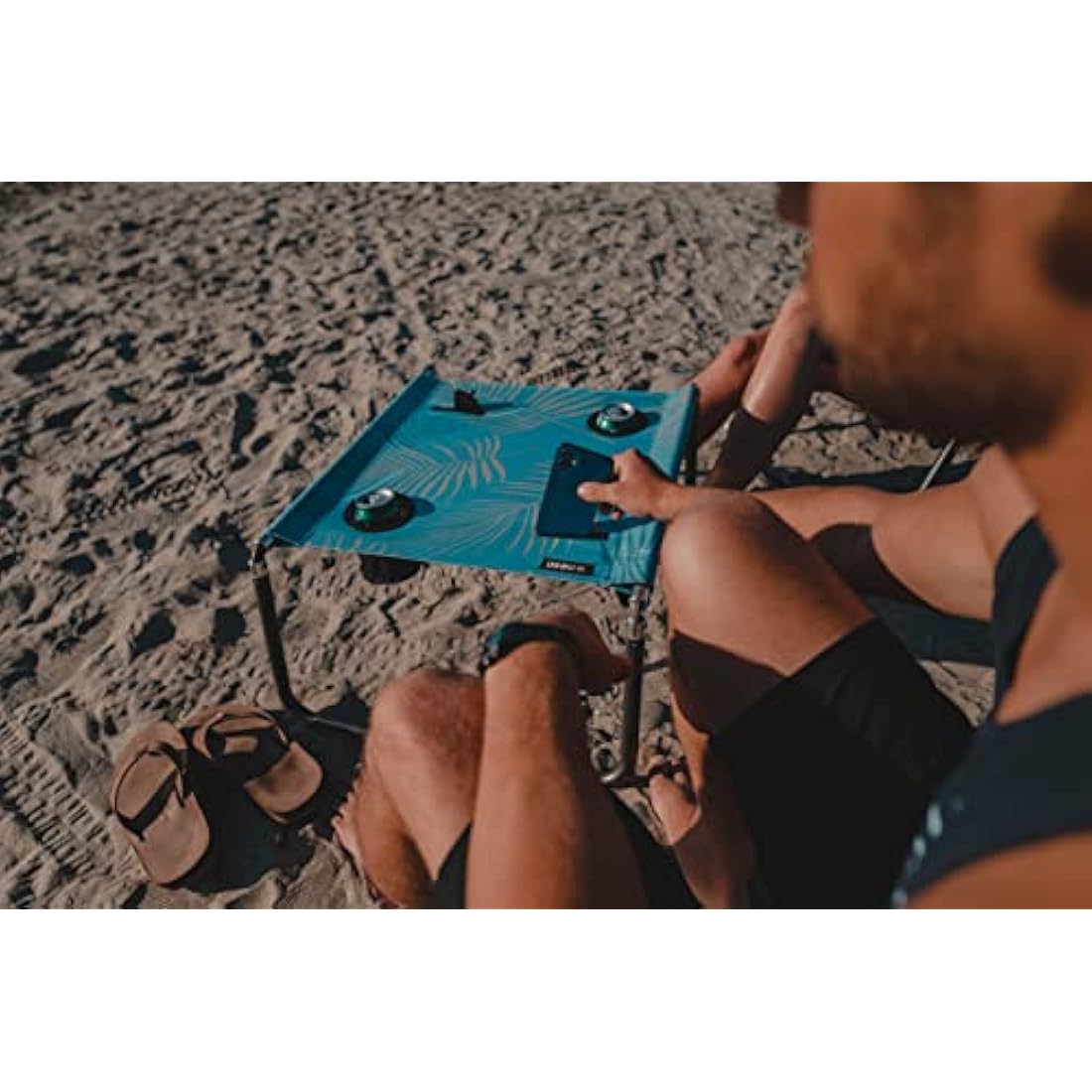 Neso Portable Beach Table | Lightweight Canvas Picnic Table - Aqua Fronds