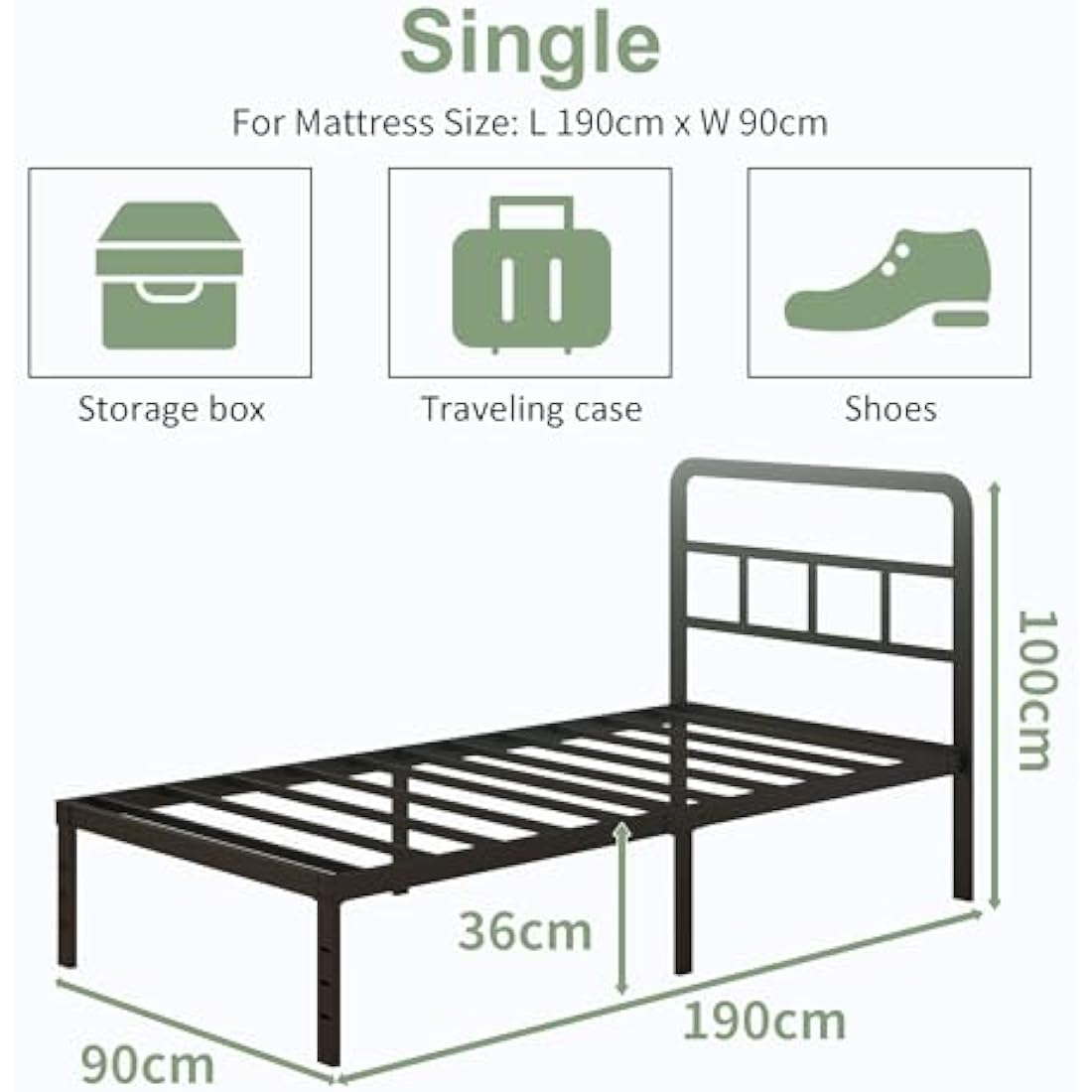 Lutown-Teen Black Metal Single Bed Frame with Storage